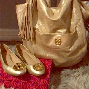 Tory Burch matching flats and bag in metallic gold